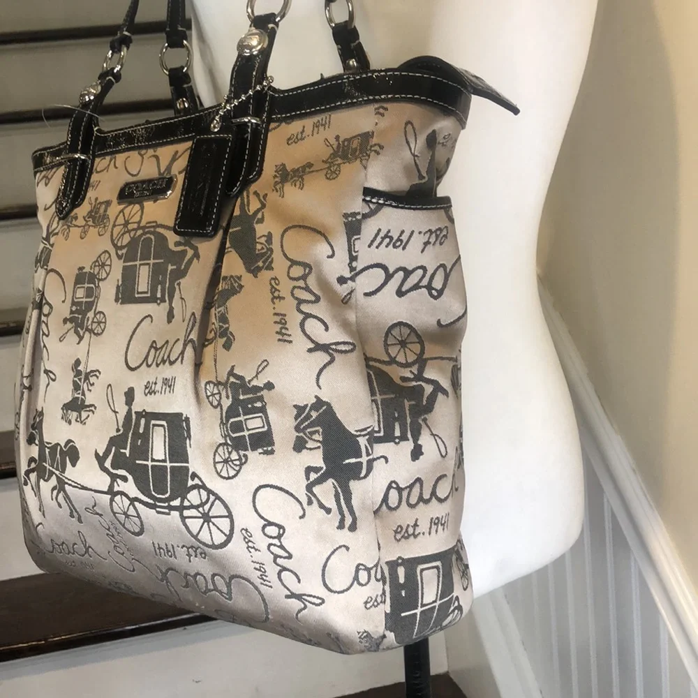 COACH Vintage Horse & Carriage Tan Satin Shoulder Bag  Black Leather Straps